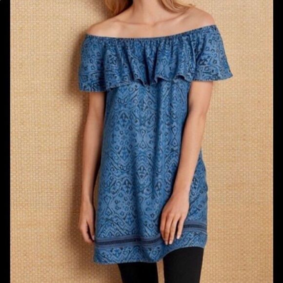 - Soft surroundings chambray dark wash damask off the shoulder dress/tunic - Picture 1 of 6